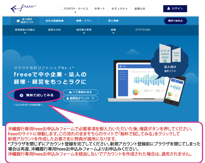 沖縄銀行専用freeeお申込みイメージ